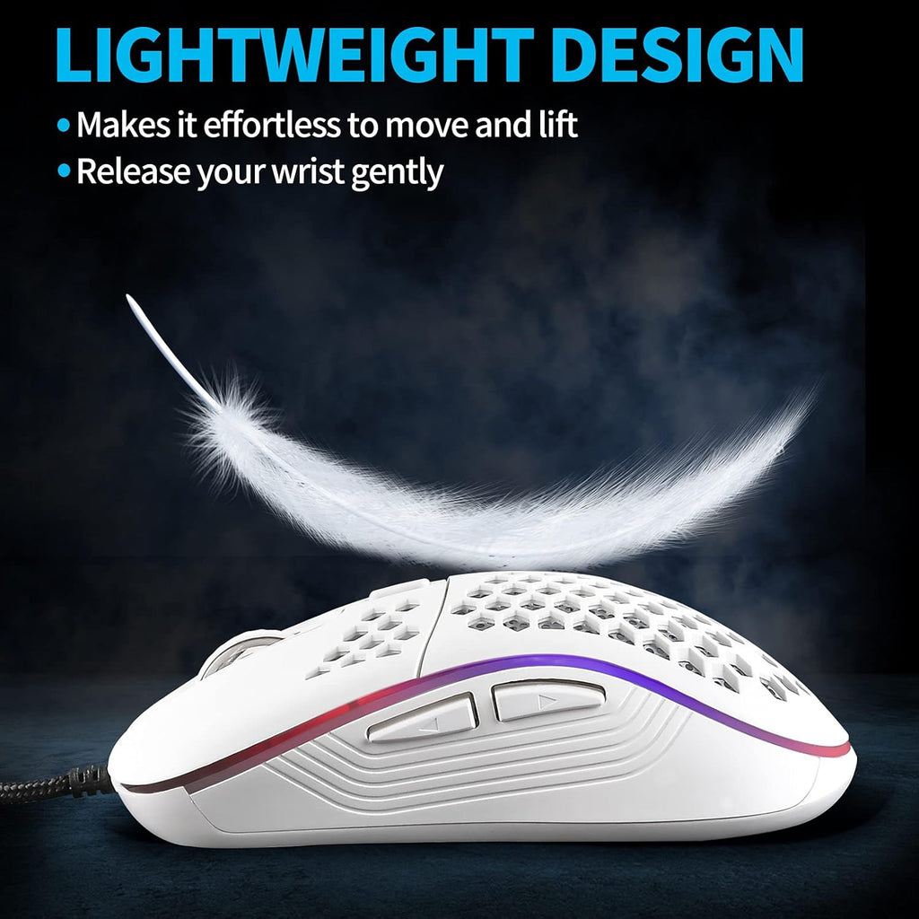 Honeycomb Wired Gaming Mouse with RGB Control, 7200 DPI Adjustable Sensitivity, Ergonomic Lightweight Design, and High Precision Sensor for PC/Mac Gamers (White)