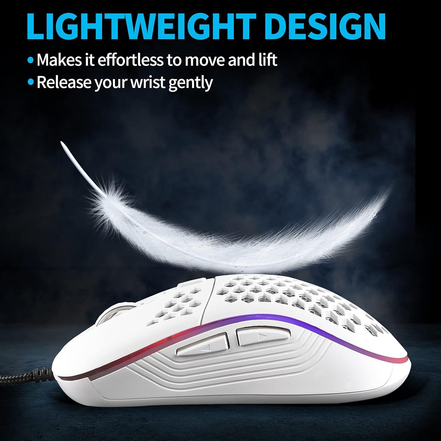 Honeycomb Wired Gaming Mouse with RGB Control, 7200 DPI Adjustable Sensitivity, Ergonomic Lightweight Design, and High Precision Sensor for PC/Mac Gamers (White)