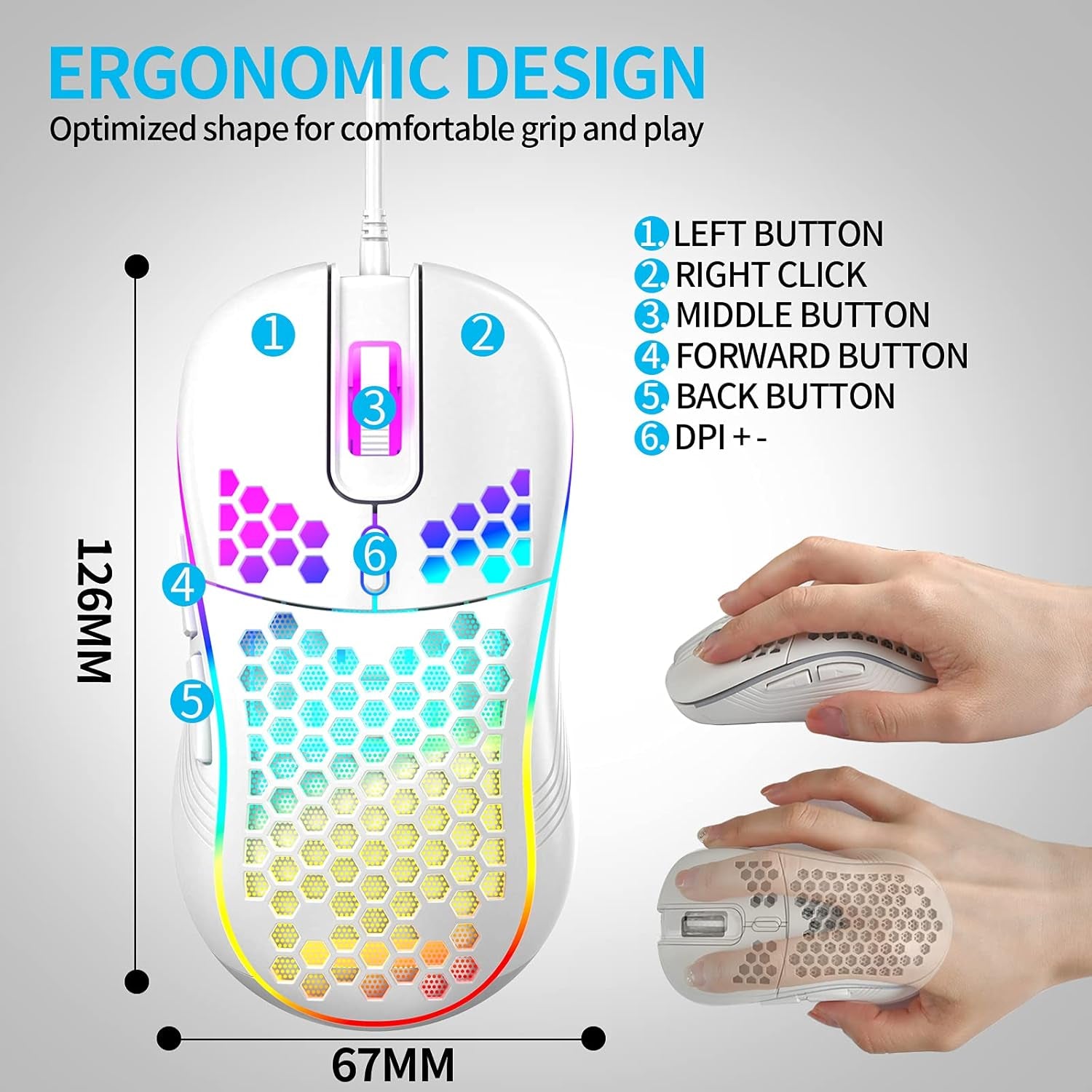 Honeycomb Wired Gaming Mouse with RGB Control, 7200 DPI Adjustable Sensitivity, Ergonomic Lightweight Design, and High Precision Sensor for PC/Mac Gamers (White)