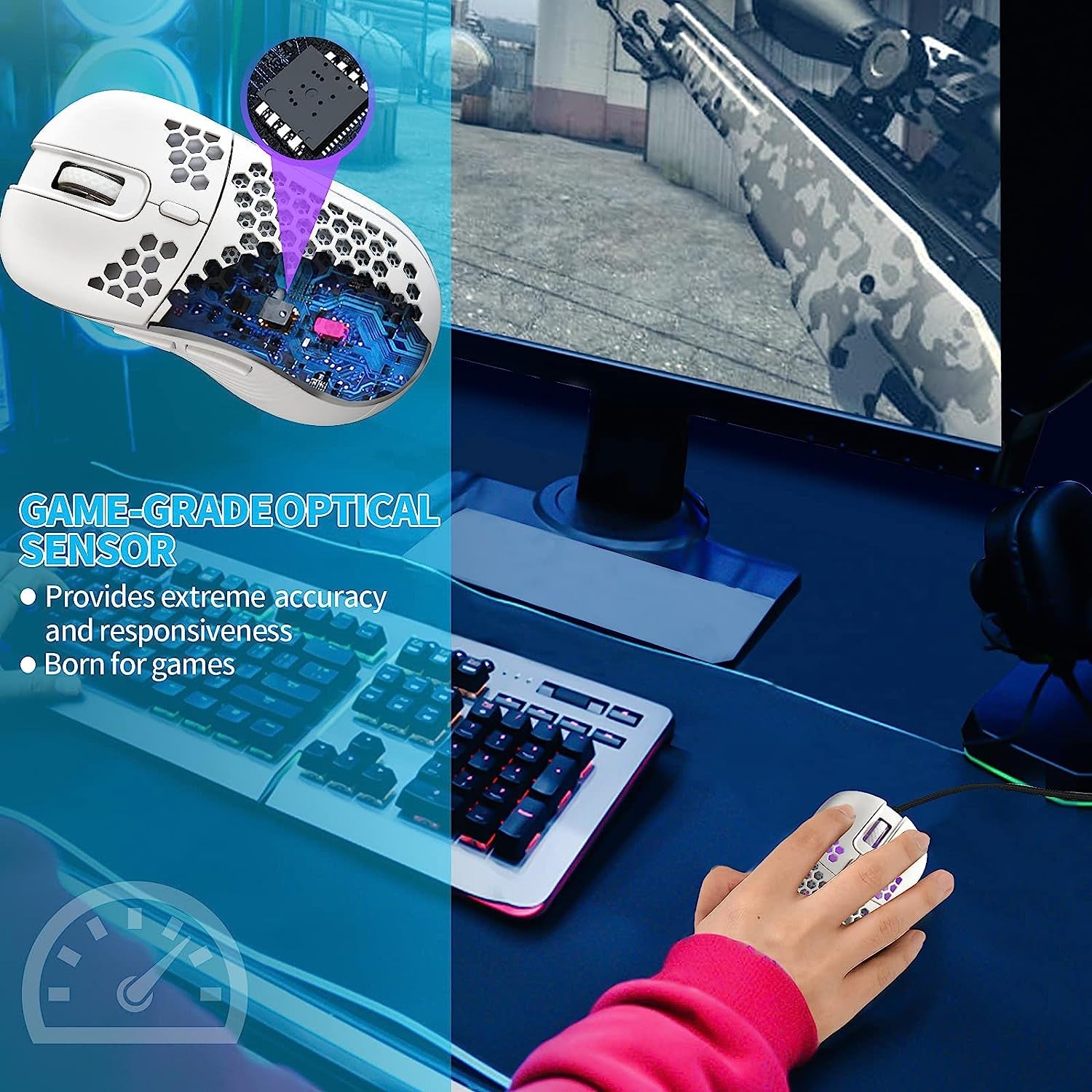 Honeycomb Wired Gaming Mouse with RGB Control, 7200 DPI Adjustable Sensitivity, Ergonomic Lightweight Design, and High Precision Sensor for PC/Mac Gamers (White)