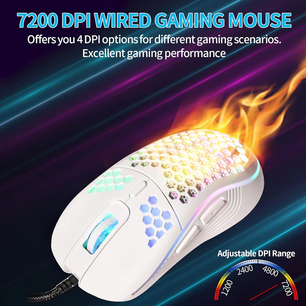 Honeycomb Wired Gaming Mouse with RGB Control, 7200 DPI Adjustable Sensitivity, Ergonomic Lightweight Design, and High Precision Sensor for PC/Mac Gamers (White)