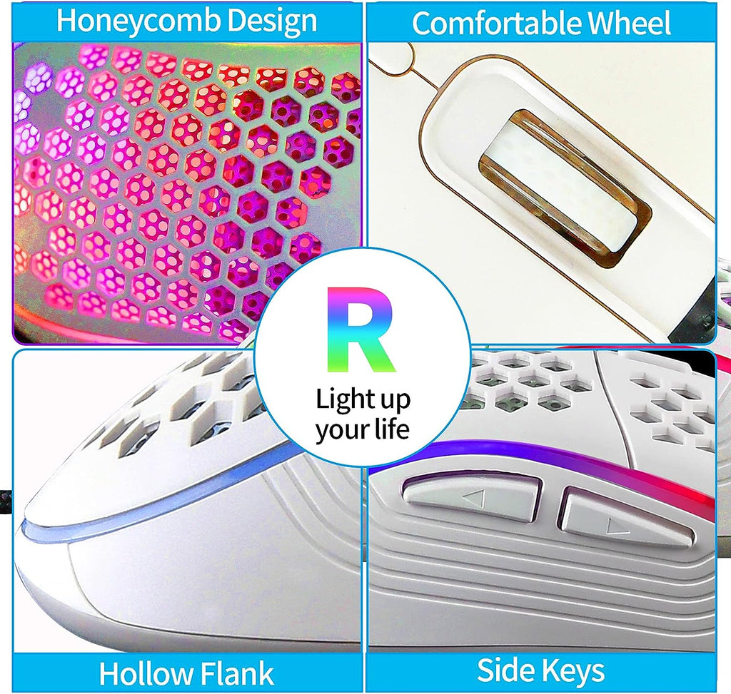 Honeycomb Wired Gaming Mouse with RGB Control, 7200 DPI Adjustable Sensitivity, Ergonomic Lightweight Design, and High Precision Sensor for PC/Mac Gamers (White)